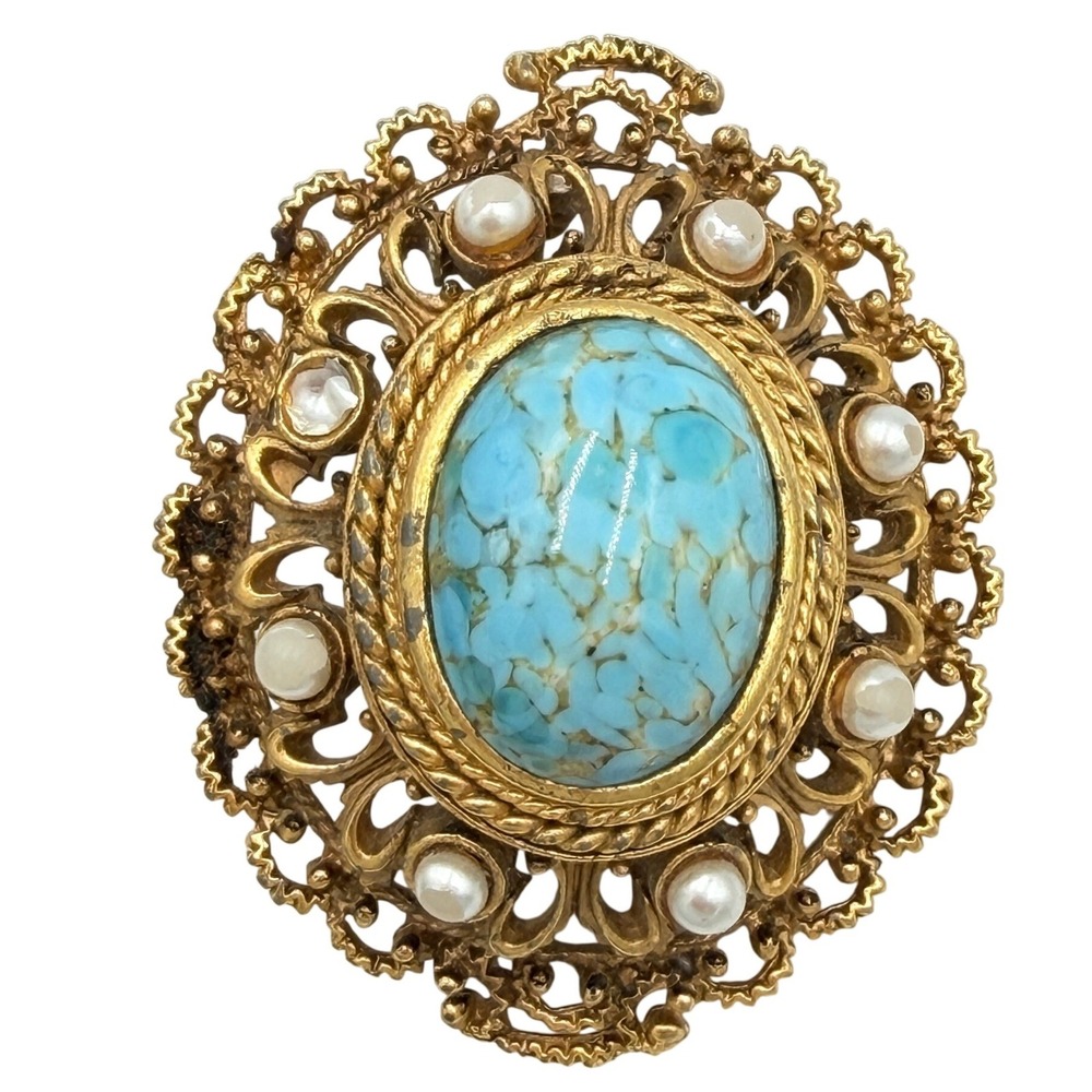 Vtg AAI Turquoise Cabochon Filigree Brooch Faux Pearl Victorian Revival